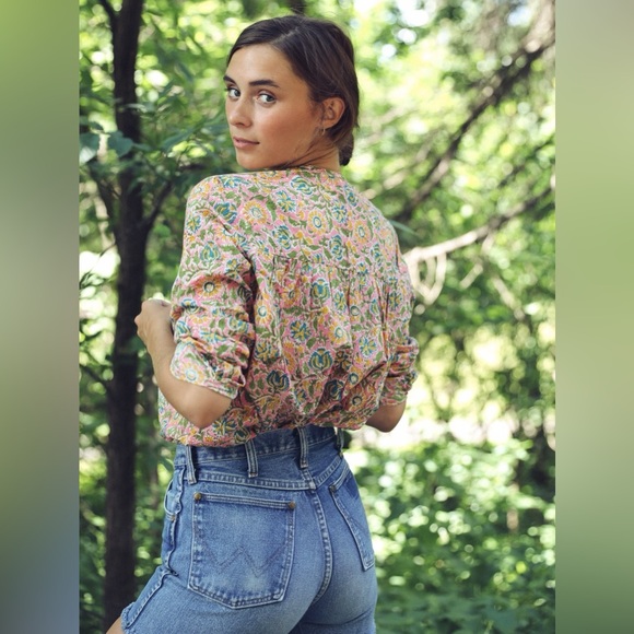 NWT Mille Florian 100% Cotton Floral Print Button Up Blouse Resortwear | Size L - Picture 2 of 11